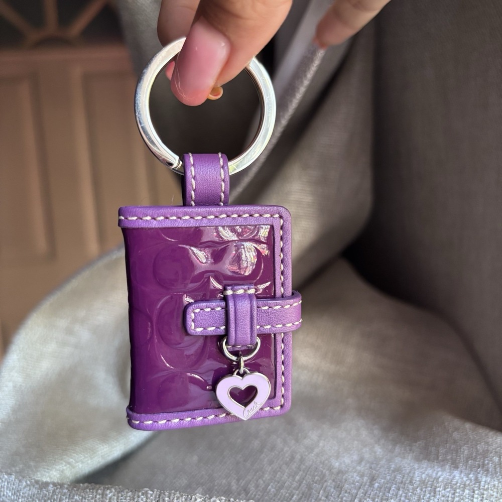 Vtg Coach Purple Heart Signature  Photo Frame Keychain Purse Charm FOB